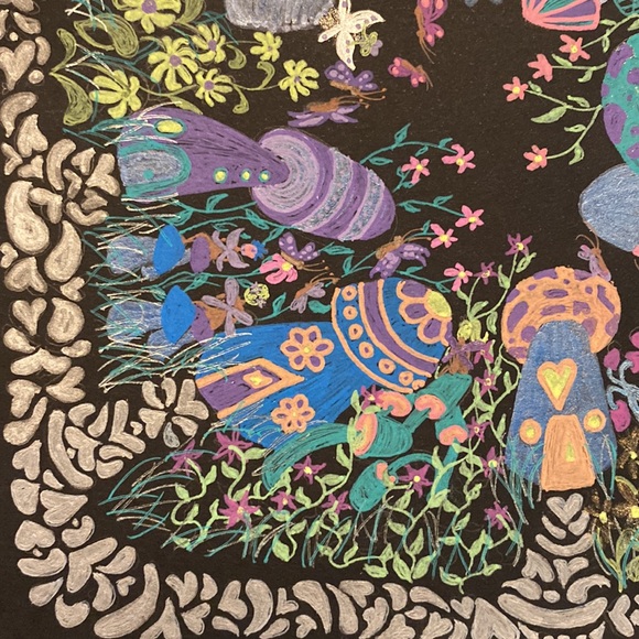 Unframed Original Art Mushroom Mandela w Fairies & Butterflies Drawing AB Artist - Picture 7 of 7